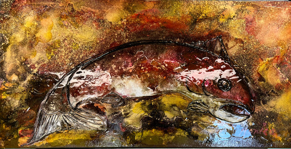Saumon: tableau à l'huile à effets sur toile sur chassis de format galerie réalisé par artiste du Québec, Canada. ajouté