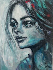 Entre ciel et mer, portrait  à l'acrylique  de 12 x 16 réalisé par Monique Arsenault, QC, Canada.