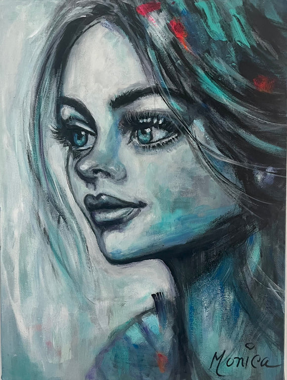 Entre ciel et mer, portrait  à l'acrylique  de 12 x 16 réalisé par Monique Arsenault, QC, Canada.