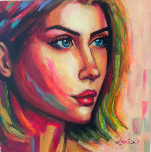 Là où le regard commence...Portrait 18 x 18 pouces, acrylique sur toile format galerie réalisé par Monique Arsenault, artiste peintre, QC, Canada.