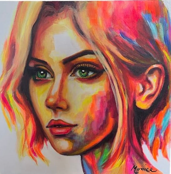 Pénélope, portrait à l'acrylique de 18 x 18 pouces réalisé par Monique Arsenault, Québec, Canada.