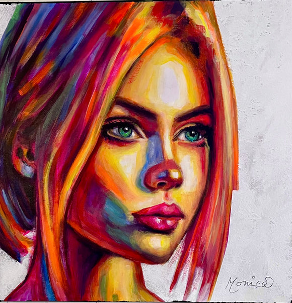Regard vers l'infini, portrait à l'acrylique de 18 x 18 pouces réalisé par Monique Arsenault, QC, Canada.
