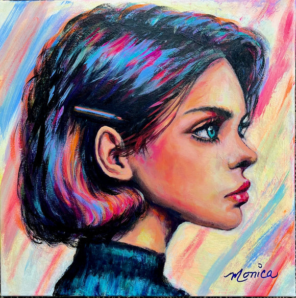 Rosalie, portrait acrylique de 18 x 18 po format galerie, par artiste Monique Arsenault, QC Canada