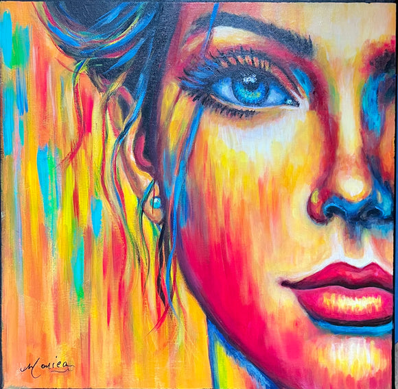 Au delà du regard, portrait à l'acrylique de 18 x 18 pouces réalisé par Monique Arsenault, artiste du Québec, Canada.