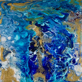 Deux tableaux de 8 x 8" pouces soit 20 x 20 cm, en format Galerie (1"3/4 profondeur), dont les contours sont peints en continu de la toile.  Sujet: Evoque le mouvement et les tourbillons de neige en pleine tempête.  Couleurs: bleus du pâle au foncé, les ultramarines et l'or se mélangent.