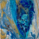 Deux tableaux de 8 x 8" pouces soit 20 x 20 cm, en format Galerie (1"3/4 profondeur), dont les contours sont peints en continu de la toile. Sujet: Evoque le mouvement et les tourbillons de neige en pleine tempête. Couleurs: bleus du pâle au foncé, les ultramarines et l'or se mélangent.