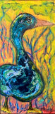 Titre: Canard de Rouen Grandeur: 12 x 24" pouces (30 x 60 cm) un canard dans son habitat de roseaux, aux couleurs brillantes dans les tons de verts mordorés.  Le canard est fait d'un fini brillant, vert, bleus, bleu marin, bleu pâle,  (voir photo en zoom) avec un fonds intense de jaunes, verts et orangés.  L'œuvre dispose d'un système d'accrochage lui permettant d'être fixée facilement sur un mur.  Certificat d'authenticité inclus avec l'envoi.  Fait à Bonaventure, Québec, Canada  Année: 2020