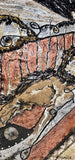 Tableau intitulé: Serpentins 12 x 24" (30 x 60 cm).  Cette toile rendra votre pièce vivante  et dynamique et sera facile à assortir.  Ses couleurs dans les tons de bronze, ivoire, noir, gris et bruns  au fini lisse et brillant avec des insertions de coquillages et galets de rivage locaux vont allers dans n'importe quelle de vos pièces.