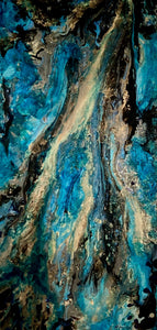 Aquamarine: tableau abstrait de 12 x 24" pouces 30 x 60 cm Ce tableau vous réjouira de par la profondeur de ses bleus  et ses verts aquamarines  tout en brillance.  Il mettra en valeur n'importe laquelle de vos pièces où vous voulez harmoniser votre décor.   Couleurs: bleus, verts, turquoise, or, noir, émeraude, aqua, reflets. Fini ayant  une bonne tenue à la lumière. Toile standard dont les contours sont peints, encadrement non nécessaire.