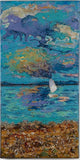 Titre:  Petit navire. Grandeur:  10 x 20 pouces.  Matériaux:  Peintures à l'huile à effets sur toile format standard.  Sujet: évoque l'infini de l'océan et ses rivages parsemés de trésors sous un ciel d'azur avec au loin ce mignon voilier.  Ajouts de coquillages, étoiles de mer, agates et galets de rivages gaspésiens naturels.   Couleurs: bleus et ses dégradés, ultramarine, turquoise, verts, or, outremer, émeraude, aqua, reflets divers.  Bonne tenue à la lumière.