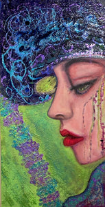 Titre:  Profil 3. Dame au chapeau bleu. Genre:   Portrait figuratif Grandeur:  12 x 24" (30 x 60 cm)  Sujet:  série de 4 portrait avec le même profil à l'étude.  Matériaux: Peintures à  l'acrylique avec finition à l'huile à effets Pébéo Vitrail. L'œuvre dispose d'un système d'accrochage lui permettant d'être fixée facilement sur un mur. Certificat d'authenticité inclus avec l'oeuvre. Fait à Bonaventure, Québec, Canada. Année: 2019