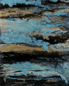 Vagues d'or: Tableau standard de 16 x 20"pouces, 40 x 50 cm. Style abstrait, peintures à l'huile à effets Pébéo. Couleurs:  Divers tons de bleu, or, doré, bronze, noir, brillance. Encadrement non nécessaire. Fini durable résistant à la lumière. L'œuvre dispose d'un système d'accrochage lui permettant d'être fixée facilement sur un mur.